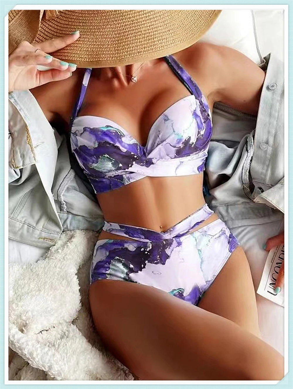 Halter High Waist Bikini Women Tie Dye Swimsuit Push Up Swimwear Female Printed Bathing Suit Lace Up Back Beachwear