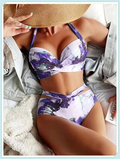 Halter High Waist Bikini Women Tie Dye Swimsuit Push Up Swimwear Female Printed Bathing Suit Lace Up Back Beachwear