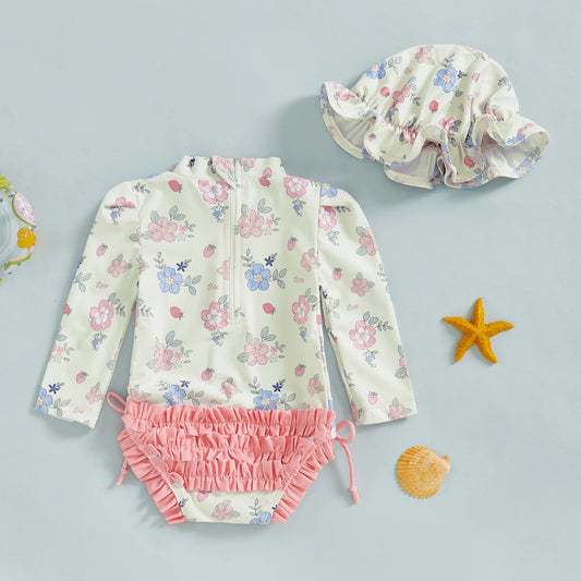 Toddler Mock Neck Swimwear with Hat Summer Baby Girl Rash Guard Floral/Shell Print Long Sleeve Swimsuit Children Beachwear