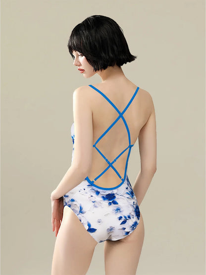 Racing swimsuit women's hot spring swimming pool print one-piece swimsuit nylon high elastic bikini