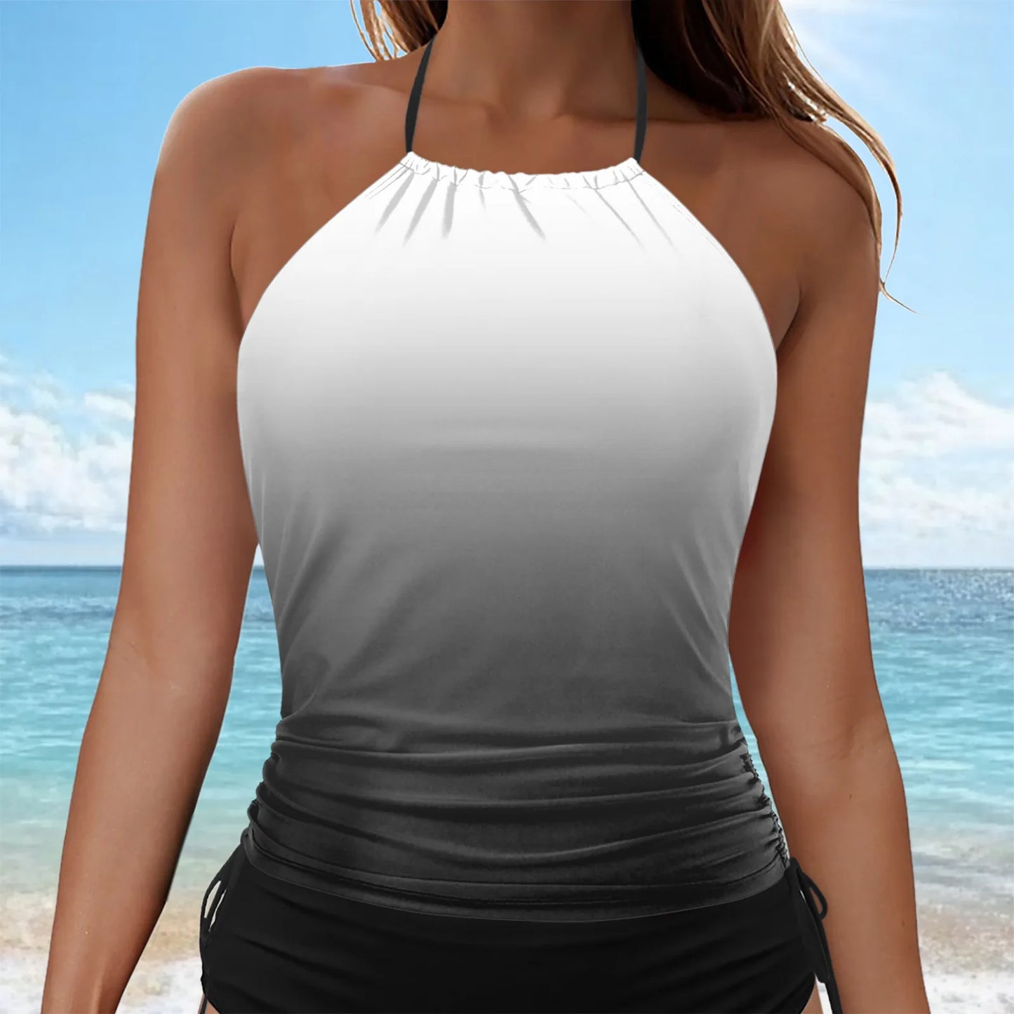 Women's Gradient Tankini Swimsuit Hanging Neck Cover Tummy Suspender Tops Mid Waist Side Tie Solid Color Shorts Holiday Wear