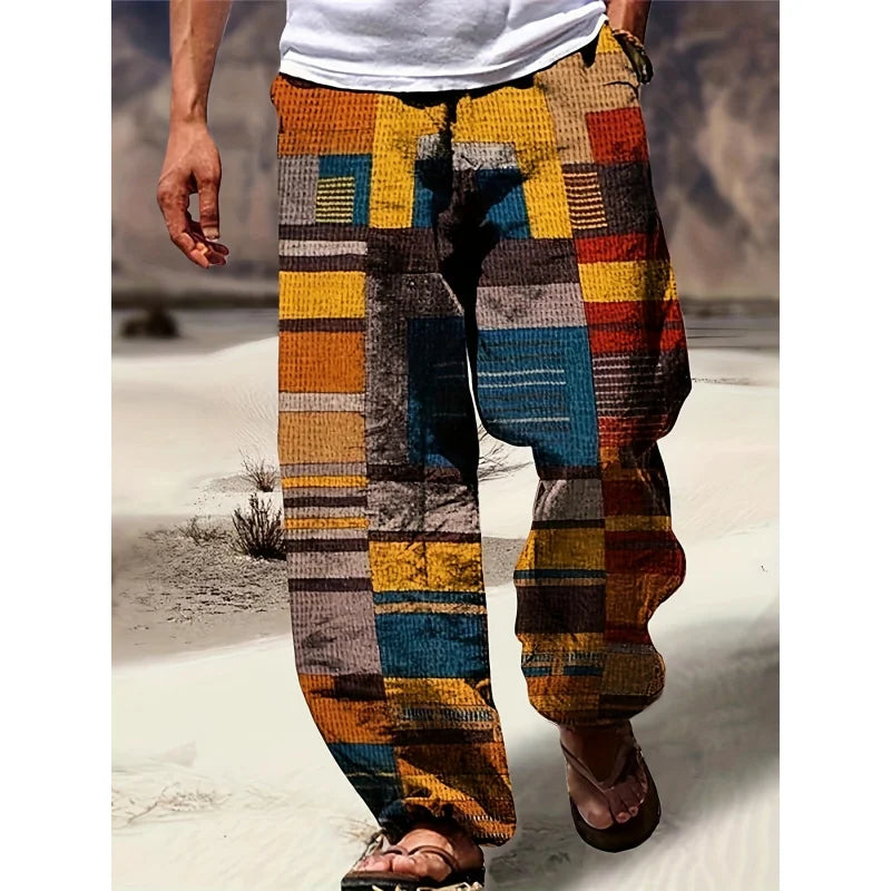 Men's Casual Summer Trousers Colorful Patchwork Print Drawstring Lightweight Elastic Waist With Pockets Relaxed Fit Pants