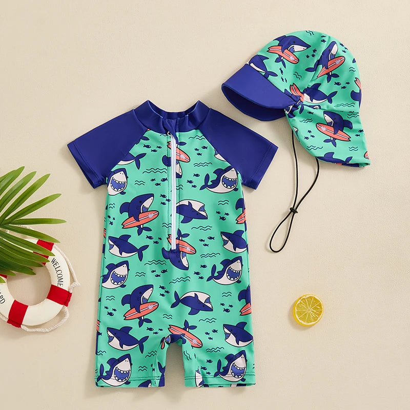 0-3Y Summer Baby Boys Beach Swimwear Casual Color Patchwork Shark/Tree Print Short Sleeve Zip Up Bathing Suit