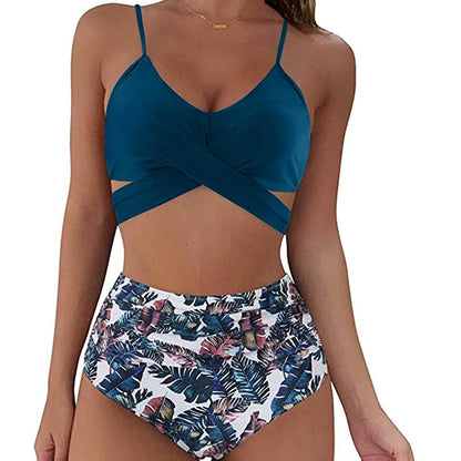 12 Colors Women Slim Bikini Sets High Waisted Swimwear 2 Pieces Solid/Floral Ruched Brazilian Swimsuit Cross Front