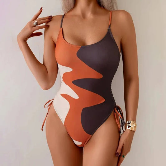 Block Color One Piece Swimsuit Drawstring Halter Swimwear Women High Waist Bathing Suit Backless Monokini