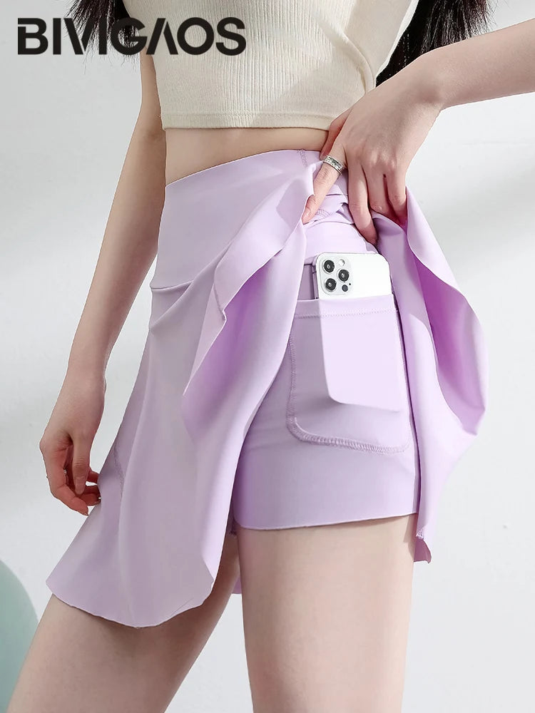 Sports Short Skirt Women's High Elastic Sharkskin Fabric Mini Tennis Yoga Skirts Pocket Safety Shorts Skirt