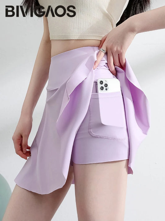Sports Short Skirt Women's High Elastic Sharkskin Fabric Mini Tennis Yoga Skirts Pocket Safety Shorts Skirt