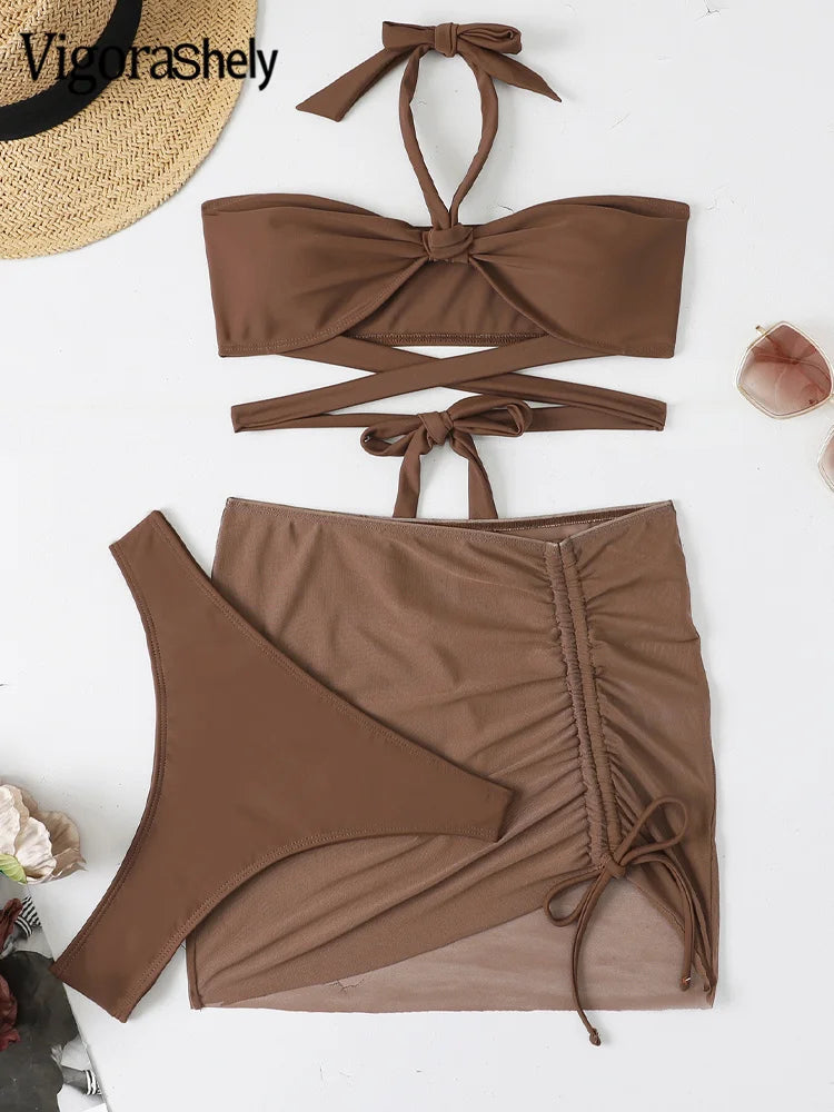 Solid 3PCS Skirt Bikini Set Sexy Women Swimsuit Cross Hollow Push Up Swimwear Beach Brazilian Bathing Suit