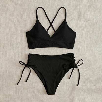 V-Neck Split Bikini Set for Women, Swimsuit, Lace Up, Triangular Bikinis, Solid Color, Beach Swimwear, Bathing Suit