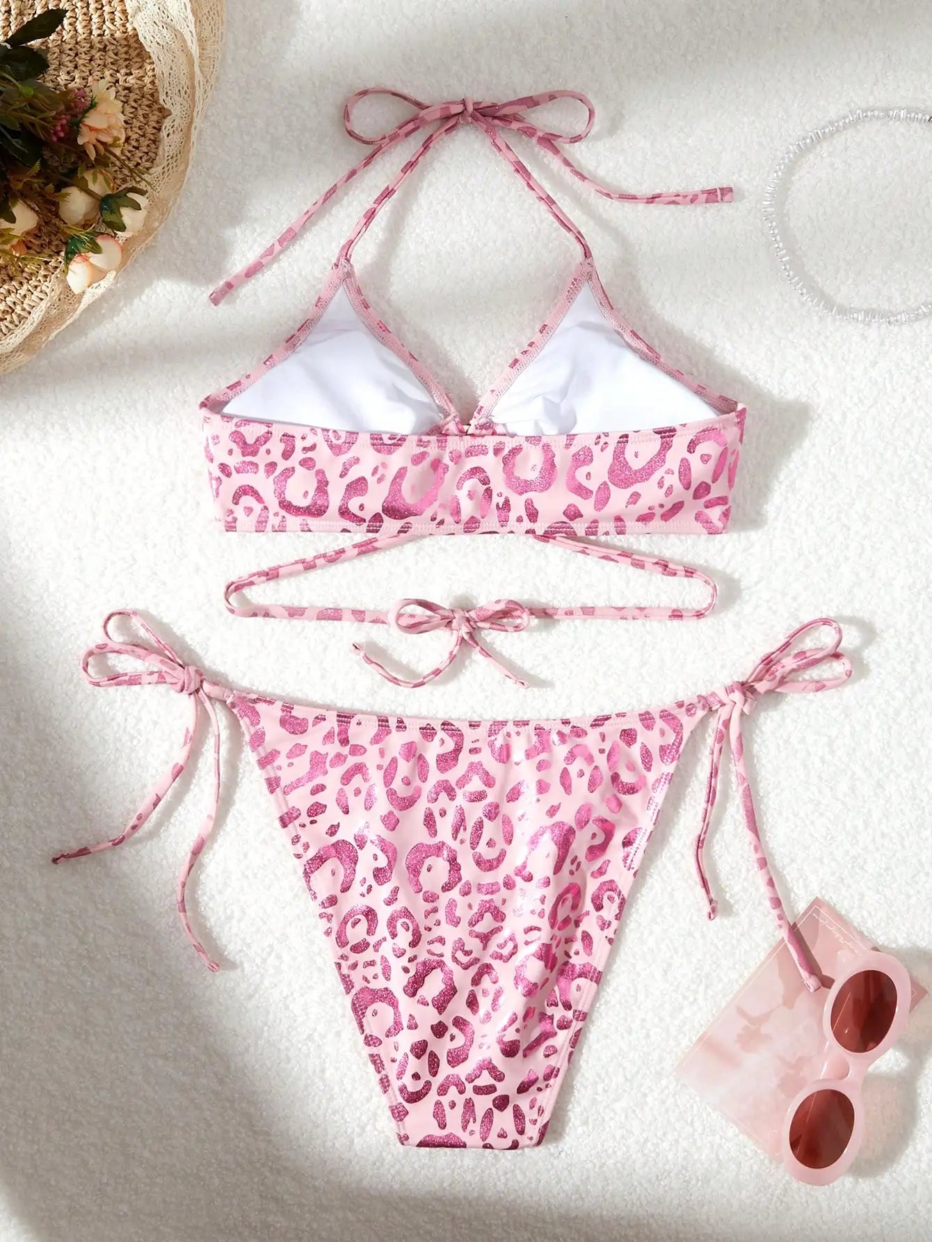 Halter String Bikinis Women Ring Linked Swimwear Female Swimsuit Leopard Bathers Swimming Bathing Swimsuit Beachwear