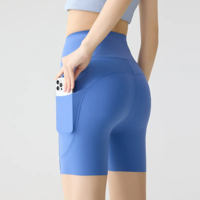 Summer Pocket High Waist Sharkskin Shorts Women Tight Butt Lifter Light Feeling Sport Fitness Yoga Bicycle Shorts