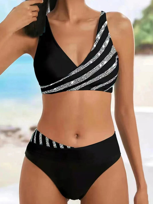 V Neck Bikini Set Women Stripe Print Patchwork Swimwear Summer Beachwear Swimsuit Female Bathers Bathing Swimming Suit 2XL