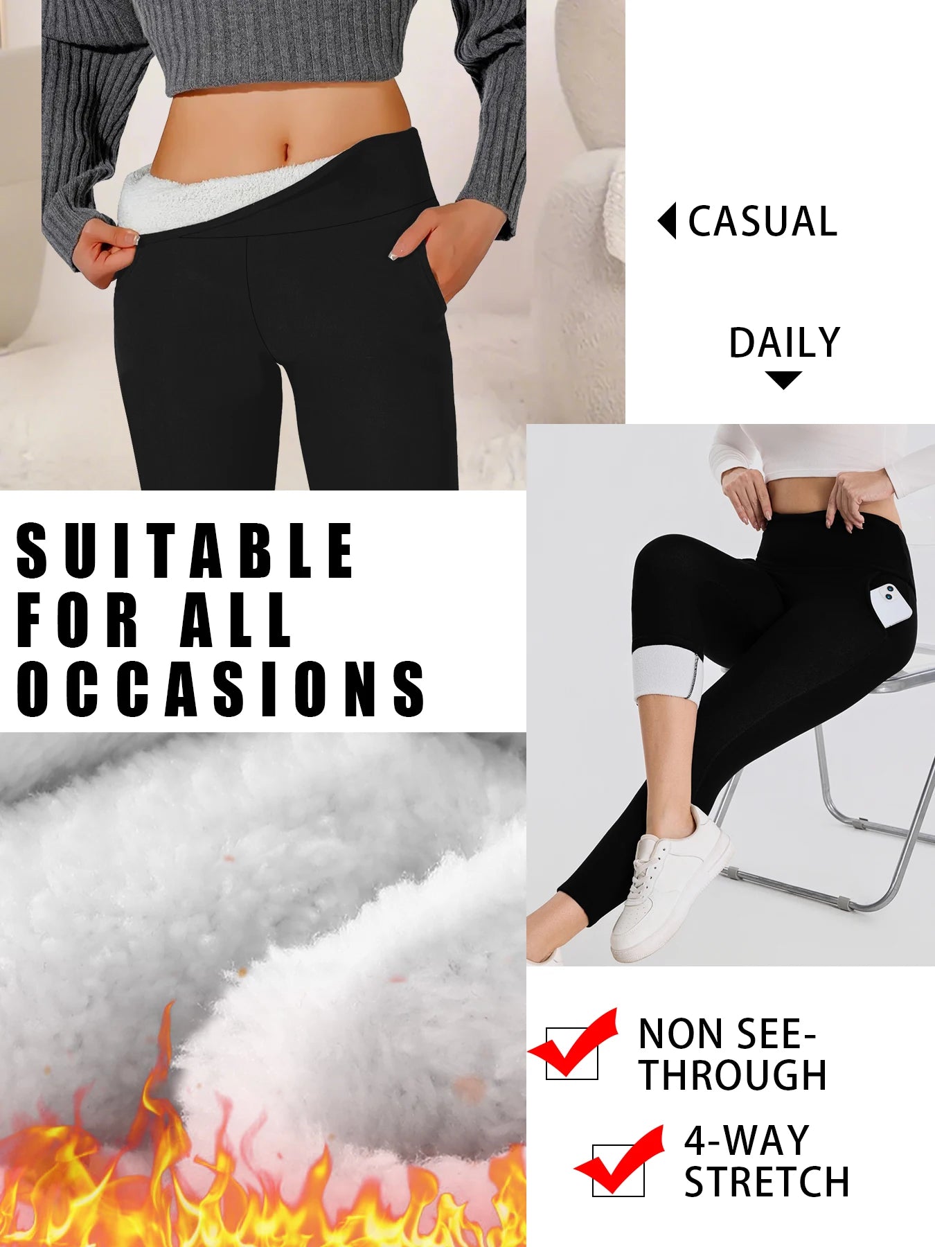 Women's winter leggings with fleece lining and pockets. High waist design with tummy control, for cold weather workouts