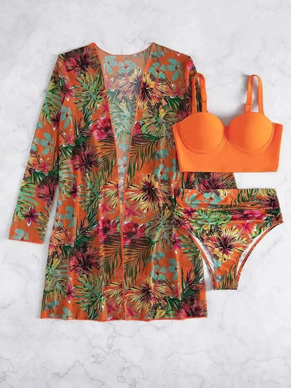 3 Piece Bikini Set Women Cover Up Swimwear Female Tropical Printed Swimsuit Push Up Beachwear Long Sleeve Bathing Suit