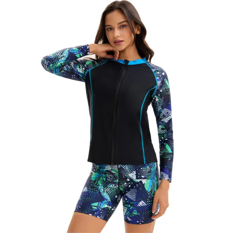 Women's Swimming Suit Ladies Patchwork Short Sleeve Swimwear Sports Pool Beachwear Two Piece Swimsuit With Shorts