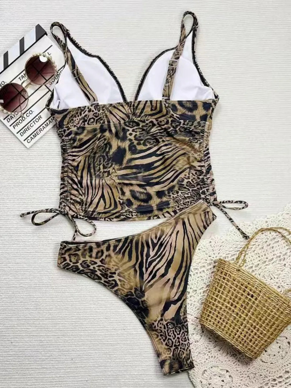 Strappy Drawstring Two Pieces Triangle Swimsuit Women Leopard Plunging Swimwear Female Bathing Swimming Suit Beachwear