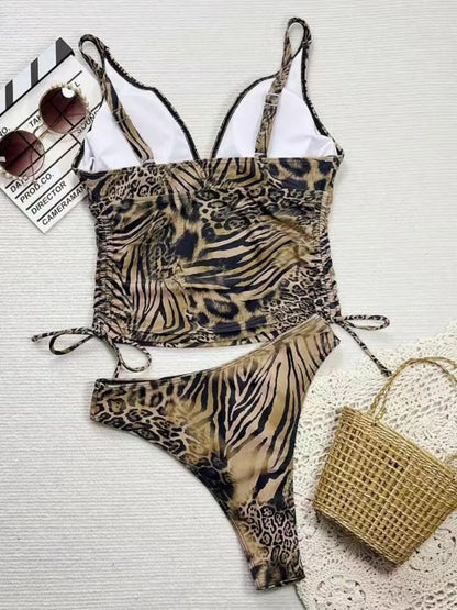 Strappy Drawstring Two Pieces Triangle Swimsuit Women Leopard Plunging Swimwear Female Bathing Swimming Suit Beachwear