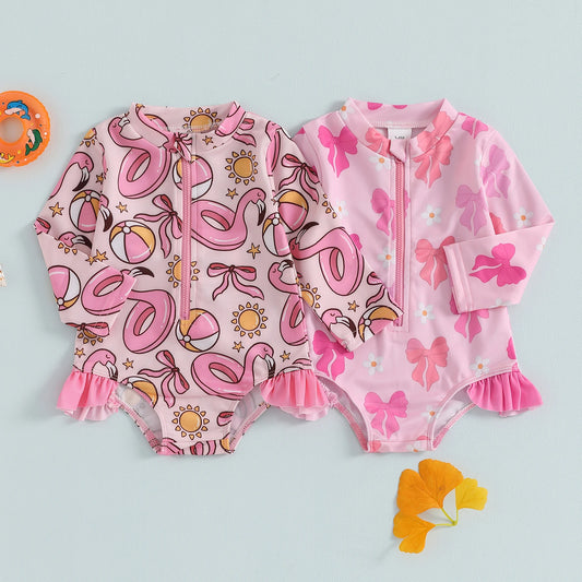 0-5Y Toddler Kids Girls Ruffle Swimsuit 2 Colors Bowknot Print Long Sleeve Zipper Rash Guard Bathing Suit Swimwear