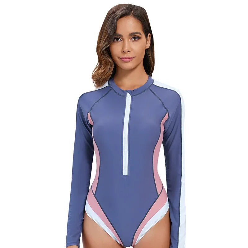 Long Sleeved Sun Protection One-piece Sports Swimsuit for Women High Elasticity Slim Zipper Sports Bikini Monokini Surfing Suit