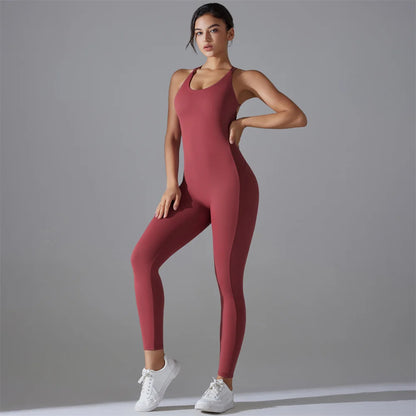 Plus Size S-XL Back V Bodysuits Sports Women Gym Rompers Yoga Set Scrunch Legging Workout One-Piece Jumpsuit Suit Active Wear