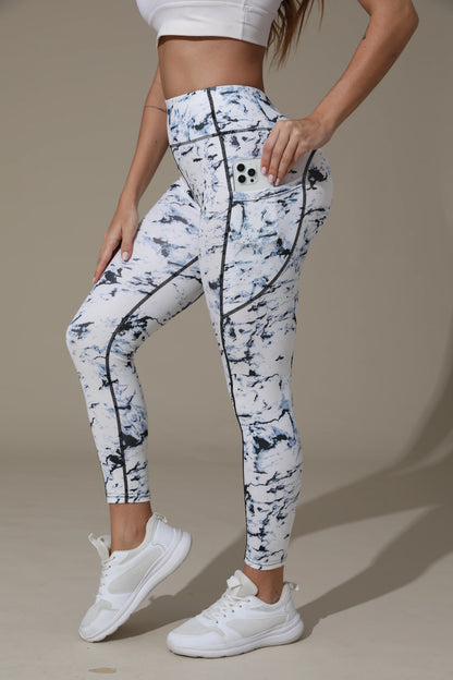 Printed women's high waistband pocket fitness pants paired with tight abdominal yoga pants, suitable for running