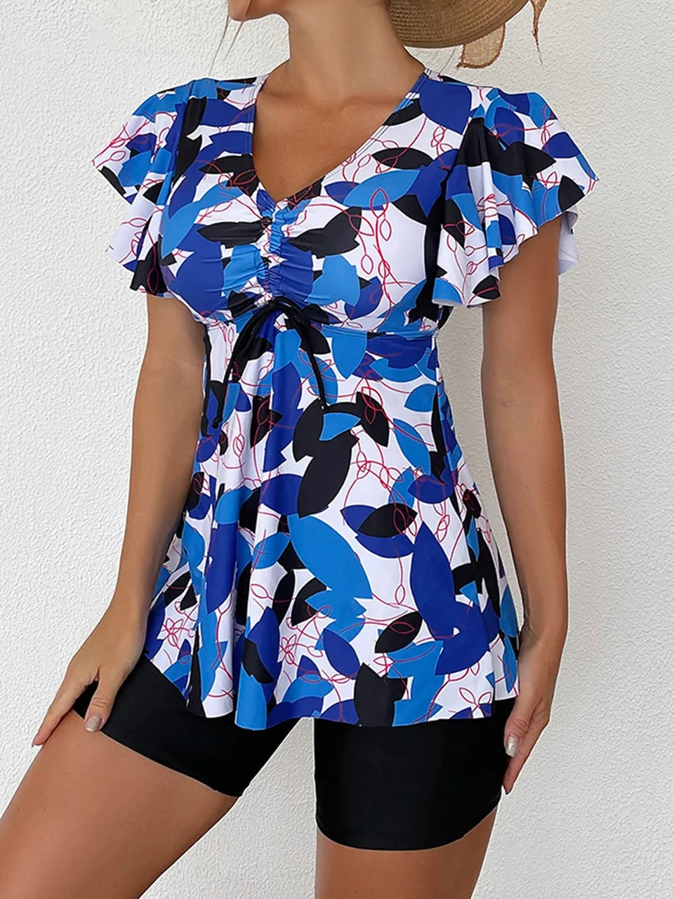 Drawstring Front Tankini Set Skirt Women High Waist Swimsuit Summer Beachwear Female Bathers Bathing Swimming Swim Suit