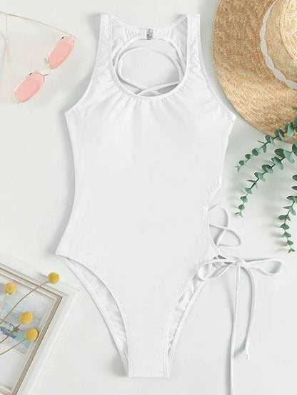 Solid High Cut Swimwear Women Backless Cross Hollow Tied One Piece Swimsuit Monokini Beach Bathing Suit