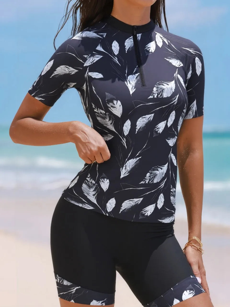 Short Sleeve Tankini Leaf Printed Swimsuit Women Two Pieces Zipper Swimwear Female Bathing Swimming Suit Beachwear