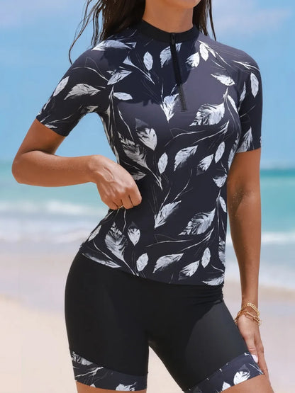 Short Sleeve Tankini Leaf Printed Swimsuit Women Two Pieces Zipper Swimwear Female Bathing Swimming Suit Beachwear