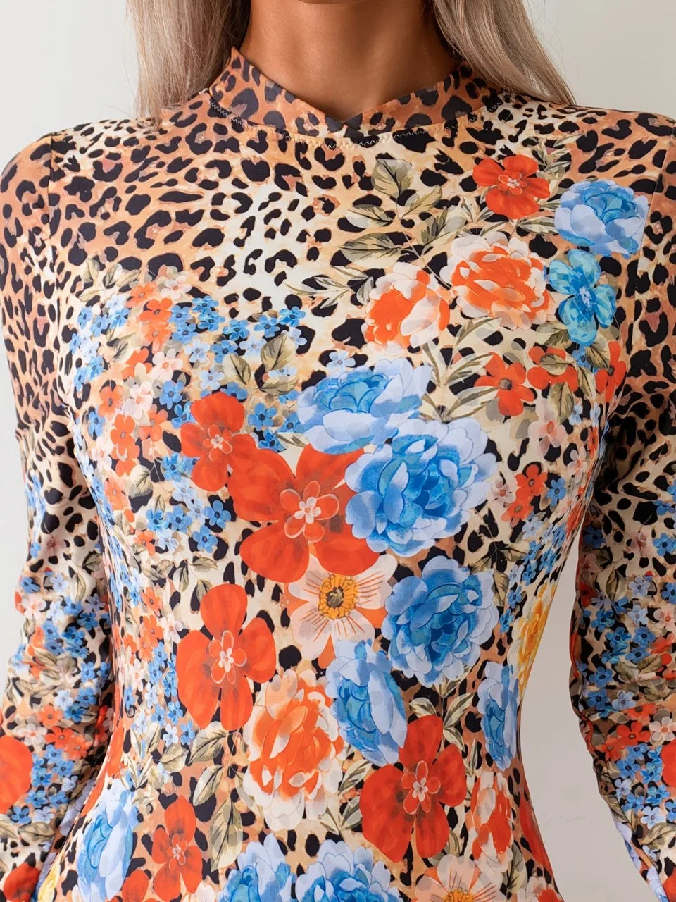 Floral Leopard Print Swimsuit Women One Piece Long Sleeve With Zipper Swimwear Female Monokini Bathing Swim Suit Beachwear