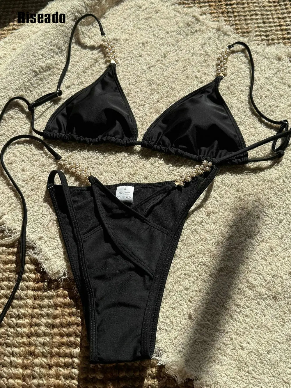 Women String Bikini Set Thong Cheeky Chain Two Piece Swimsuits Solid Color Bathing Swimwear