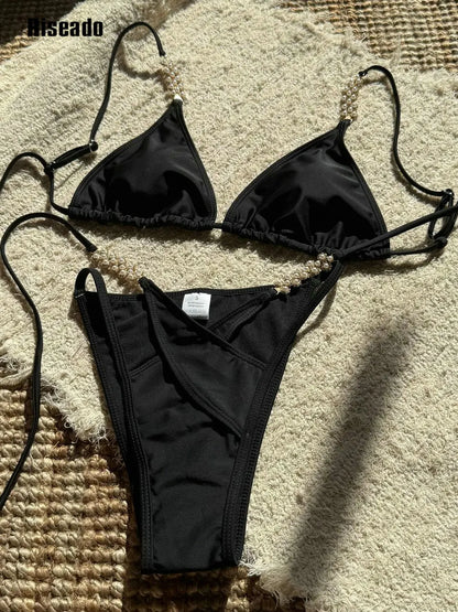 Women String Bikini Set Thong Cheeky Chain Two Piece Swimsuits Solid Color Bathing Swimwear