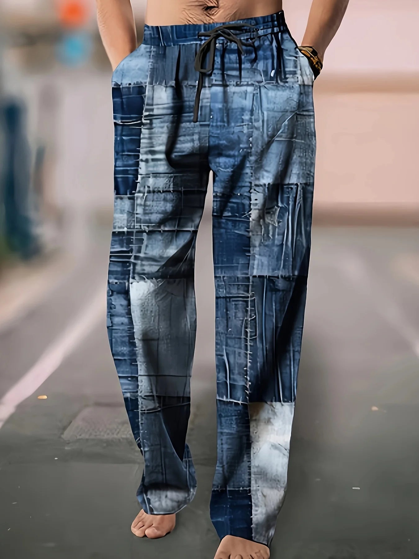 Summer Men's Cotton Linen Casual Pants Retro Ethnic Printing Mid Waist Drawstring Closure Large Size Wide Leg Beach Pants