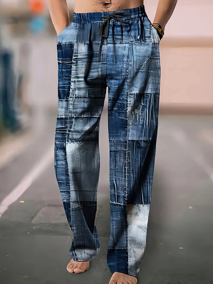 Summer Men's Cotton Linen Casual Pants Retro Ethnic Printing Mid Waist Drawstring Closure Large Size Wide Leg Beach Pants