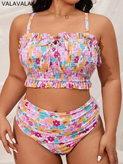 Print 2 Piece Plus Size Bikini Women Verge Strapped Large Swimsuit High Waist Lady Swimwear Beach Curvy Bathing Suit