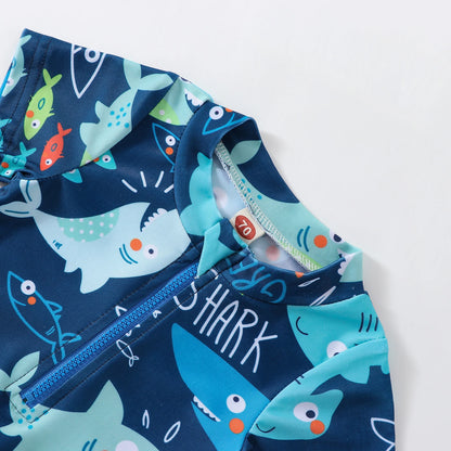 Toddler Baby Boys Shark Printed Rush Guard Kids Cute Beachwear Short Sleeve Swimwear Zipper Jumpsuit Infant Swimsuit