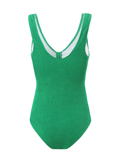 Scoop Neck One Piece Swimsuit Woman Backless Bodysuit Crinkle Swimwear Beach Wear Blue Bathing Suits Ladies Holiday Summer
