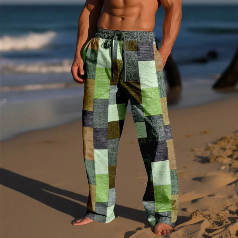 Plaid Color Block Men's Resort 3D Printed Casual Pants Trousers Elastic Waist Fit Straight-Leg Pant Summer Beach Pants 5XL