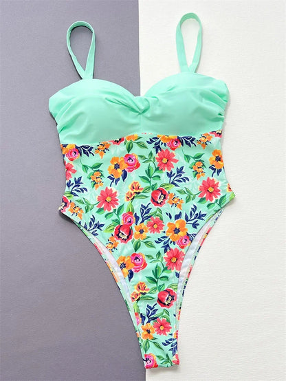 Para Praia Floral One Piece Swimsuit Swimwear for Women Flower Print Bandeau Bathing Suit High Waist Monokini