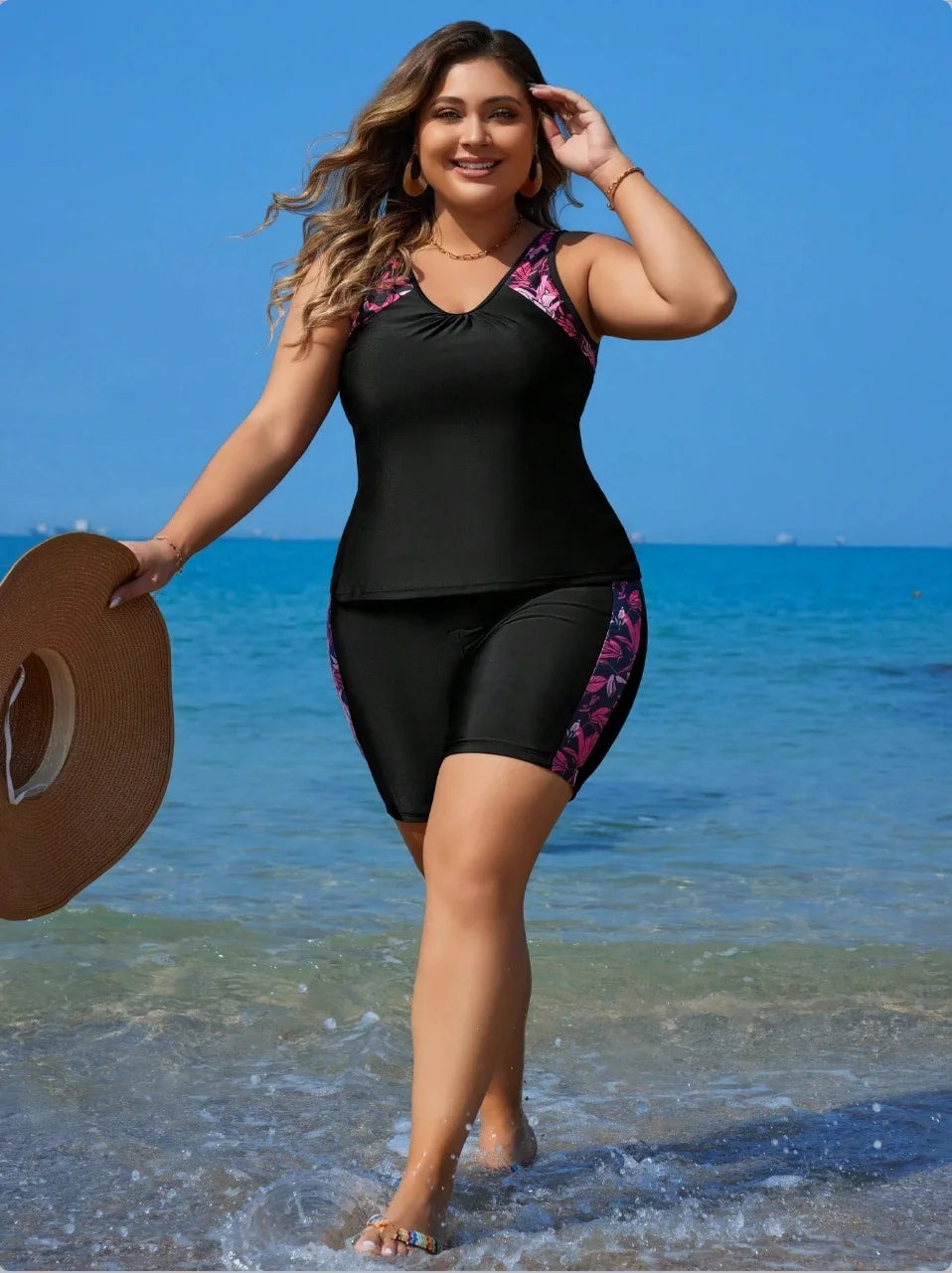 Large Strapped Print Swimwear Women Plus Size Boxer Tankini Set Swimsuit 2 Piece High Waist Bathing Suit