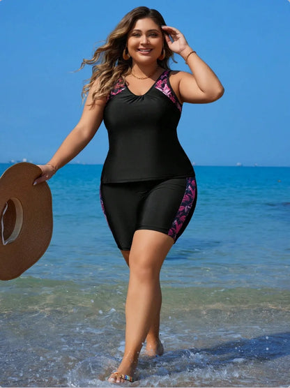 Large Strapped Print Swimwear Women Plus Size Boxer Tankini Set Swimsuit 2 Piece High Waist Bathing Suit