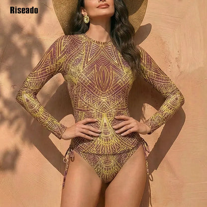 Womens Long Sleeve Mesh Rash Long Sleeve Sexy High Waist Surfing 2 Piece Swimsuit Bathing Suit Smart Fabric Swimming Suit