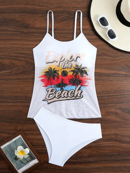 Strappy Two Pieces Women Mesh Printed Swimsuit Sheer Swimwear Female Triangle Bathing Swimming Suit Padded Beachwear