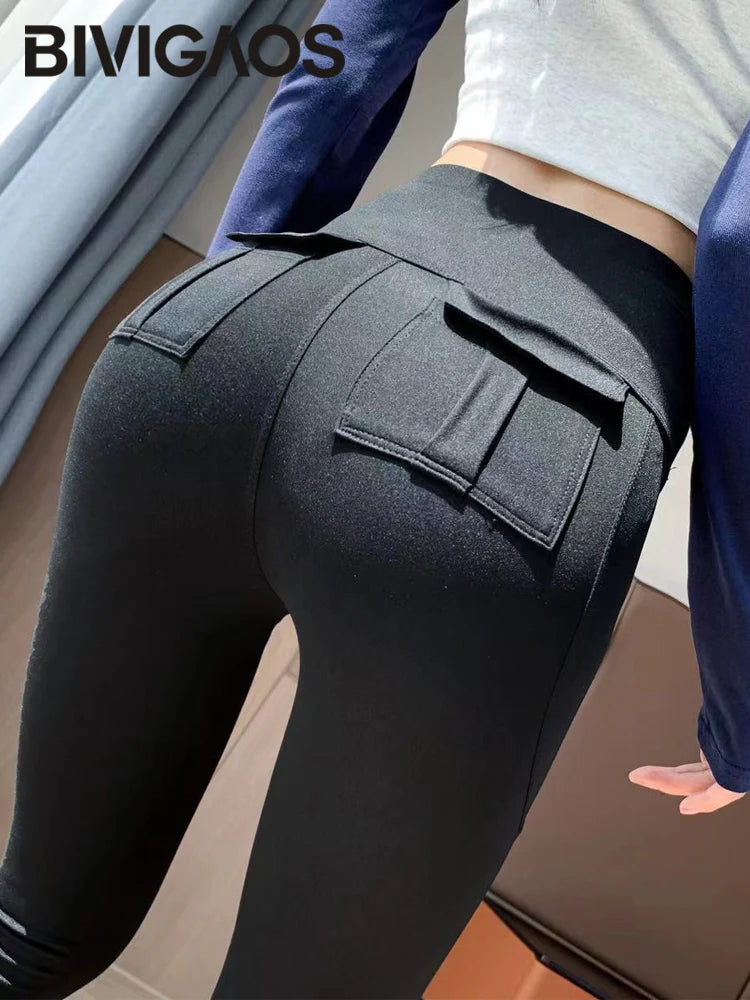 Pocket Sharkskin Cargo Leggings Women High Waist Tight-Fit Elastic Fitness Sport Leggings