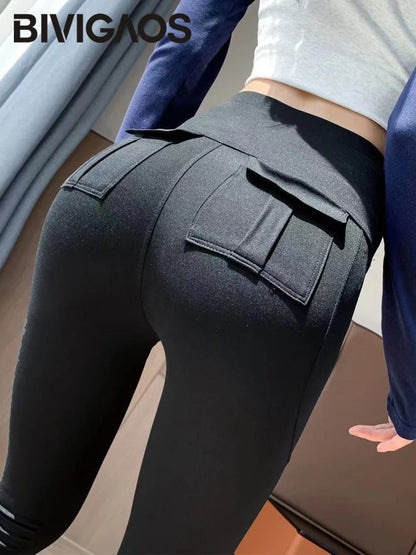 Pocket Sharkskin Cargo Leggings Women High Waist Tight-Fit Elastic Fitness Sport Leggings
