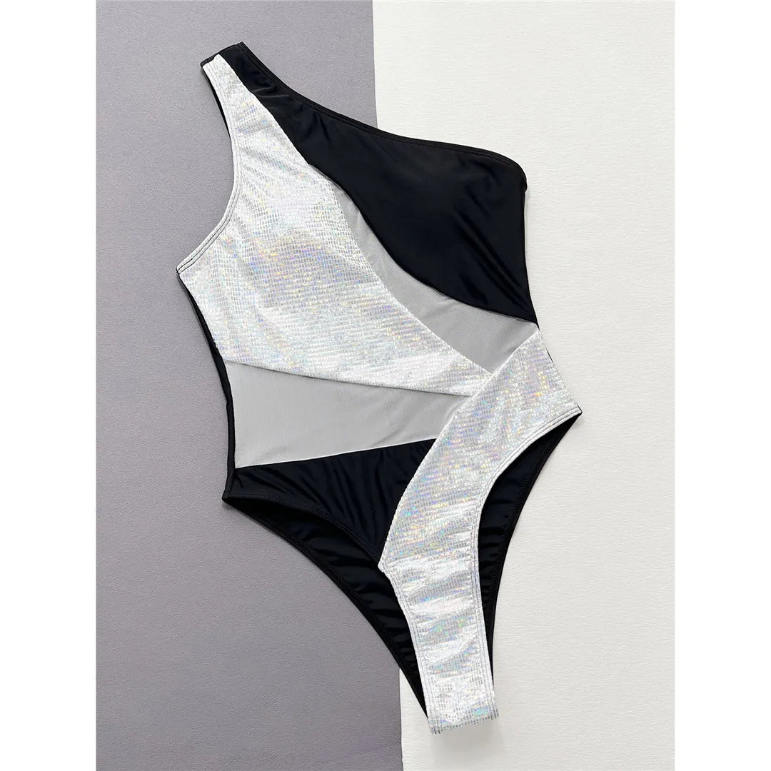 Splicing One Shoulder Shiny Sequins One Piece Swimsuit Women Swimwear Female Mesh Sheer High Cut Bather Bathing Suit Swim