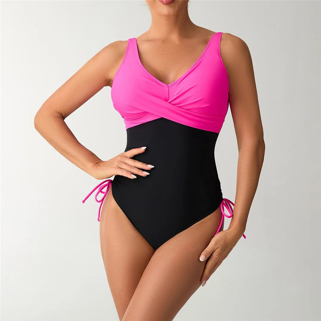 S - XXL Splicing V Neck Backless Women Swimwear One Piece Swimsuit Female High Leg Cut Padded Bather Bathing Suit Swim