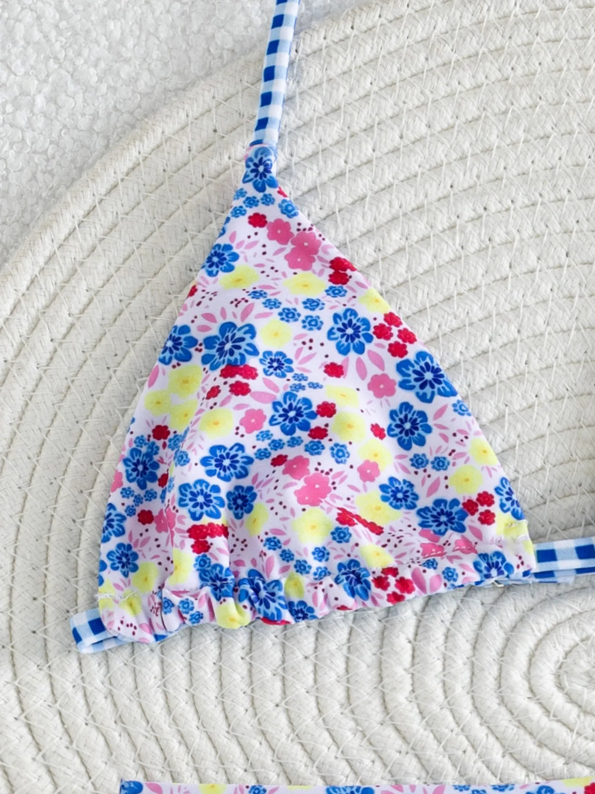 Girls' Reversible Floral & Blue Gingham Bikini Set
