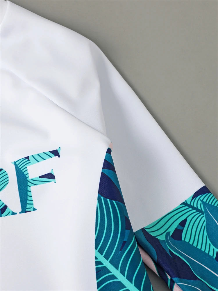 Boy Swimsuit Leaves Print Long Sleeve Children Swimwear Summer Two Piece Kids Beach Wear Swimming Bathing Suit Boys Men