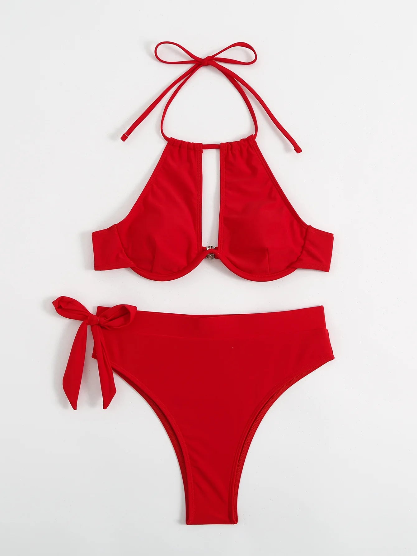 Solid Color Halter Swimwear Women Hollow Push UP Bikini Set High Waist Summer Swimsuit Backless Beach Bathing Suit